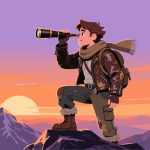 Adventurer with Telescope on Mountain Peak - 2D Vector