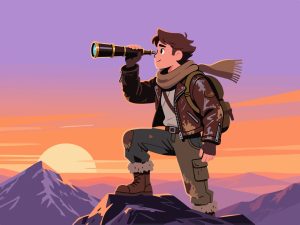 Adventurer with Telescope on Mountain Peak - 2D Vector