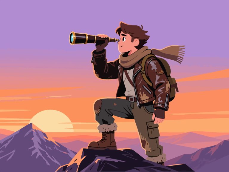 Adventurer with Telescope on Mountain Peak - 2D Vector