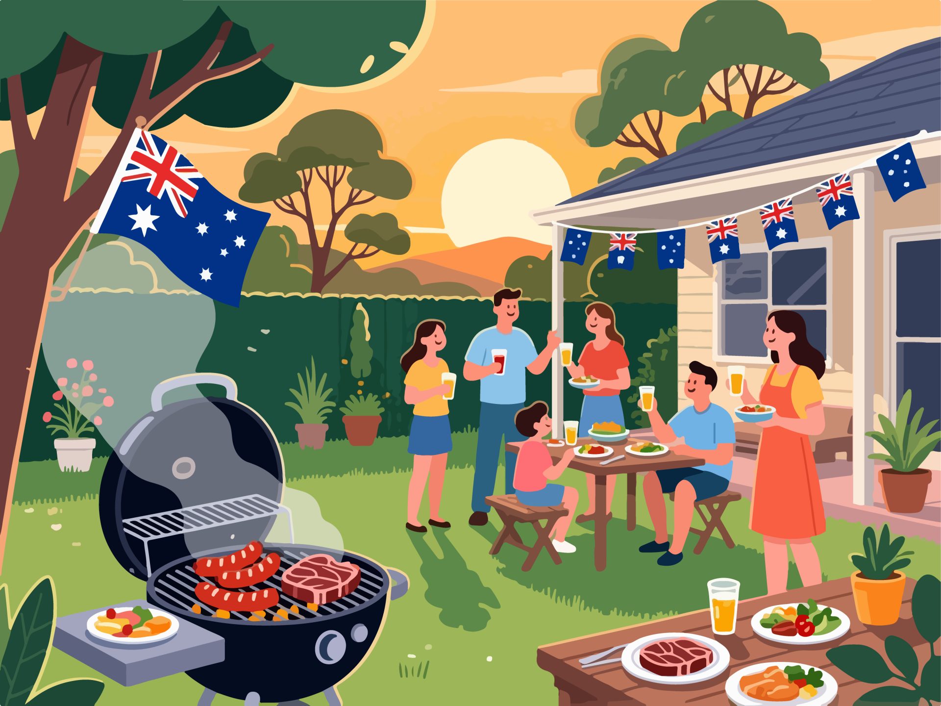 Australia Day Barbecue with Family & Flags - Vector