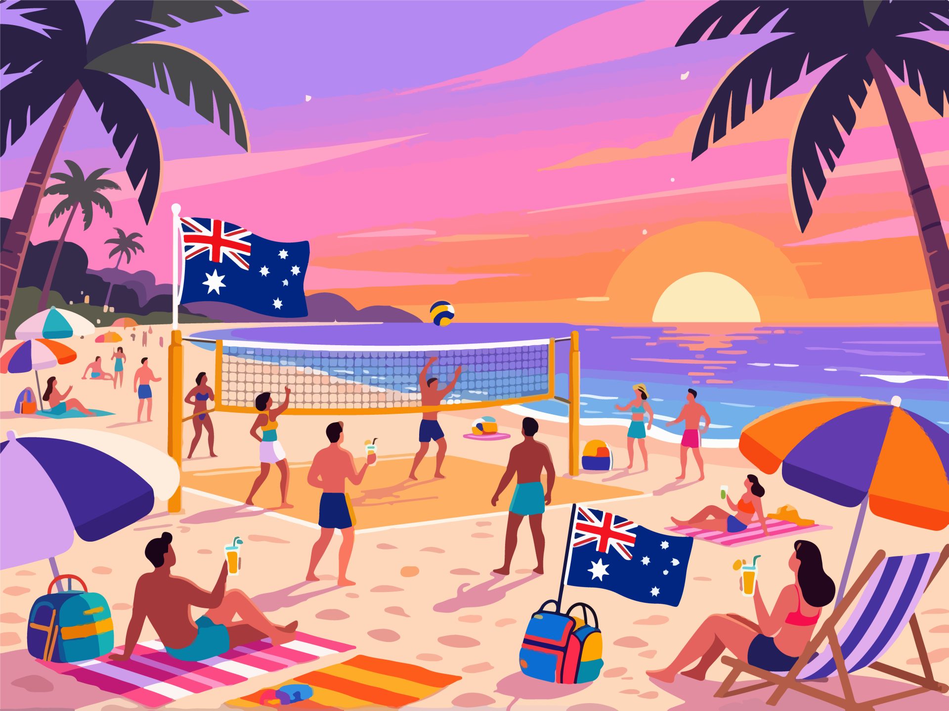 Vibrant Australia Day Beach Party with Volleyball - Vector