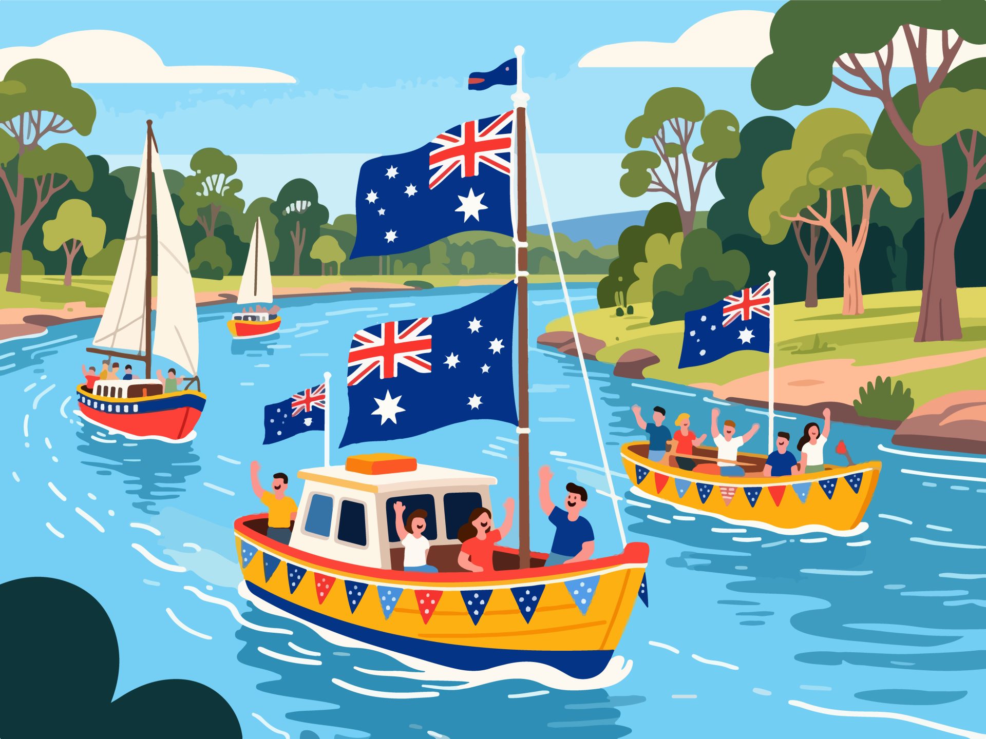 Australia Day Boat Parade on the River - 2D Vector Art