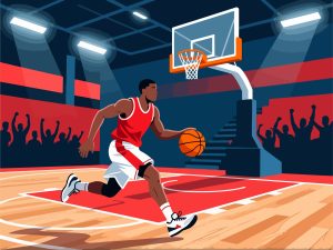 Basketball Player Dribbling on Court - 2D Vector Design