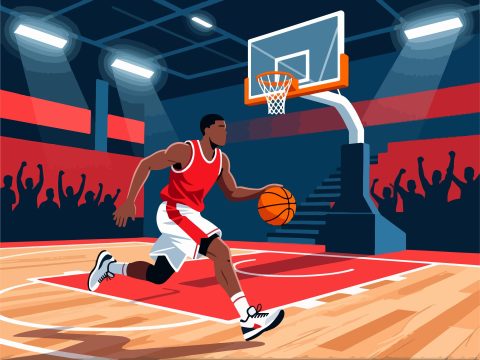 Basketball Player Dribbling on Court - 2D Vector Design