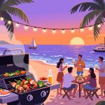 Beach Barbecue Party at Dusk - 2D Vector Illustration
