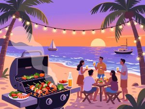 Beach Barbecue Party at Dusk - 2D Vector Illustration