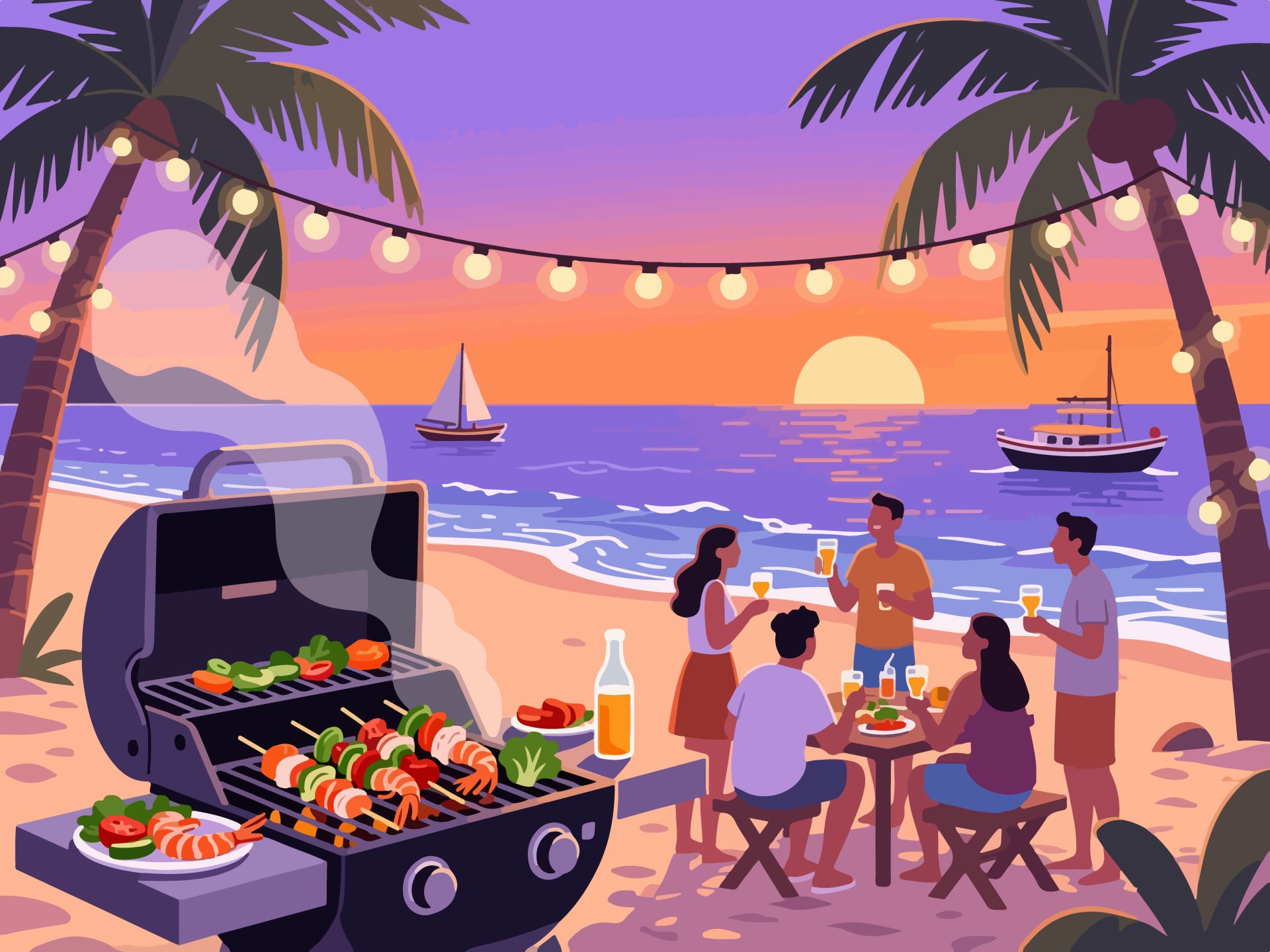 Beach Barbecue Party at Dusk - 2D Vector Illustration