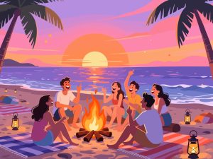Beach Bonfire Party at Sunset - 2D Vector Illustration