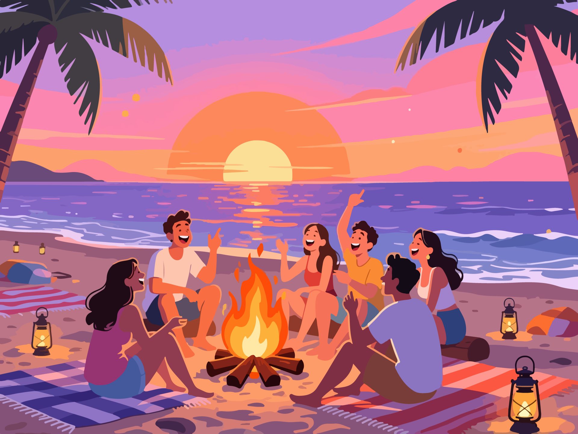 Beach Bonfire Party at Sunset - 2D Vector Illustration