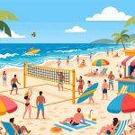 Vibrant Beach Event with Volleyball & Surfing - Vector