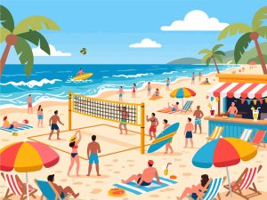 Vibrant Beach Event with Volleyball & Surfing - Vector