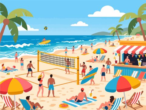 Vibrant Beach Event with Volleyball & Surfing - Vector