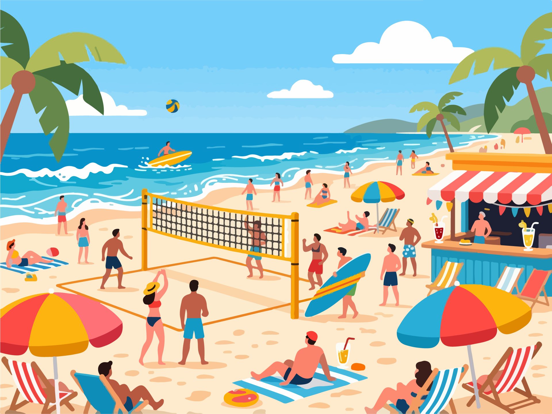 Vibrant Beach Event with Volleyball & Surfing - Vector