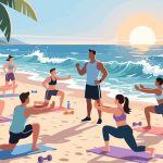 Beach Fitness Class with Ocean Views - 2D Vector Illustration
