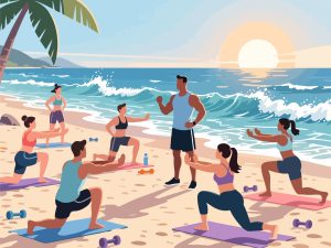 Beach Fitness Class with Ocean Views - 2D Vector Illustration