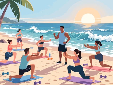 Beach Fitness Class with Ocean Views - 2D Vector Illustration