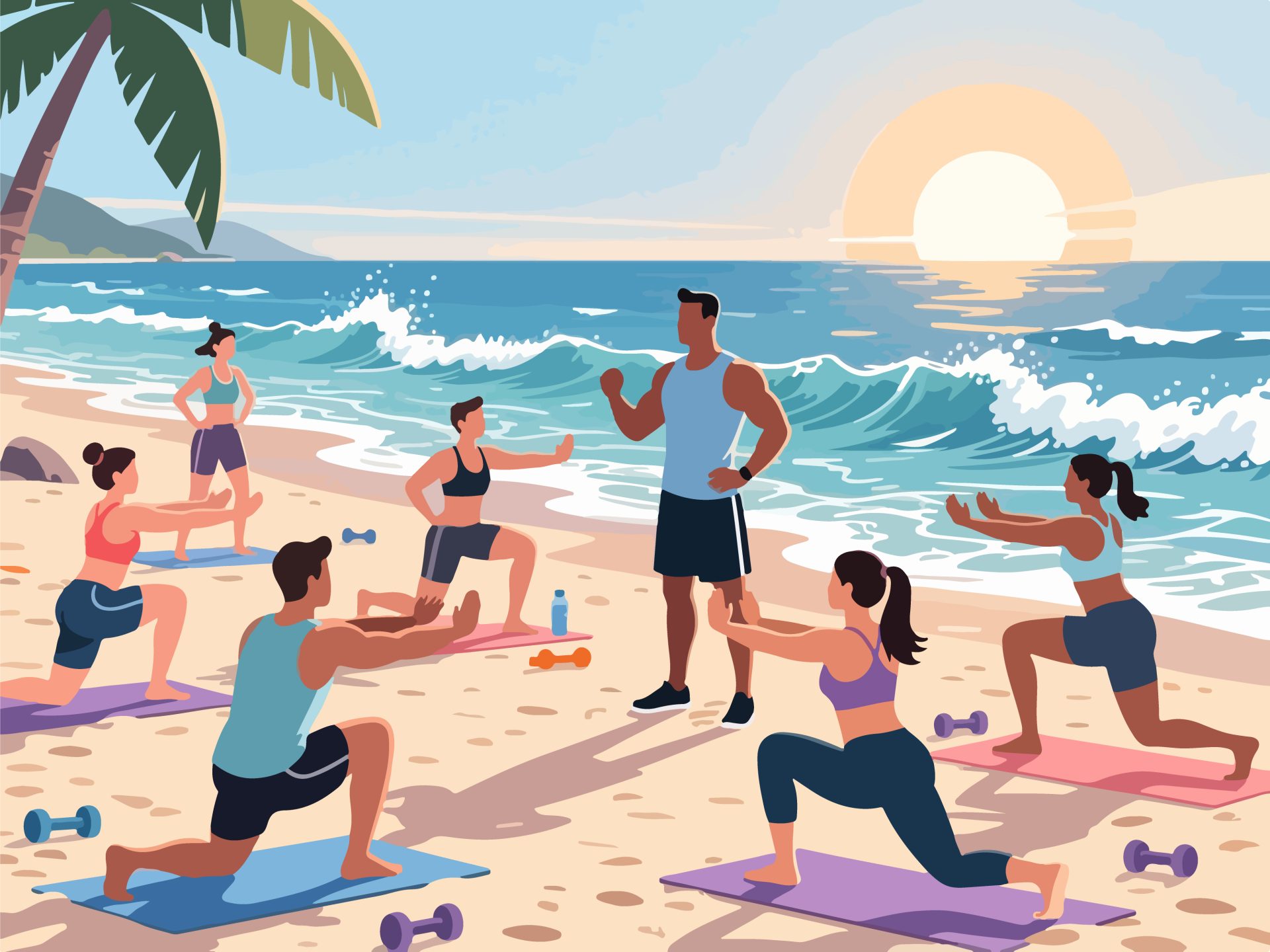 Beach Fitness Class with Ocean Views - 2D Vector Illustration