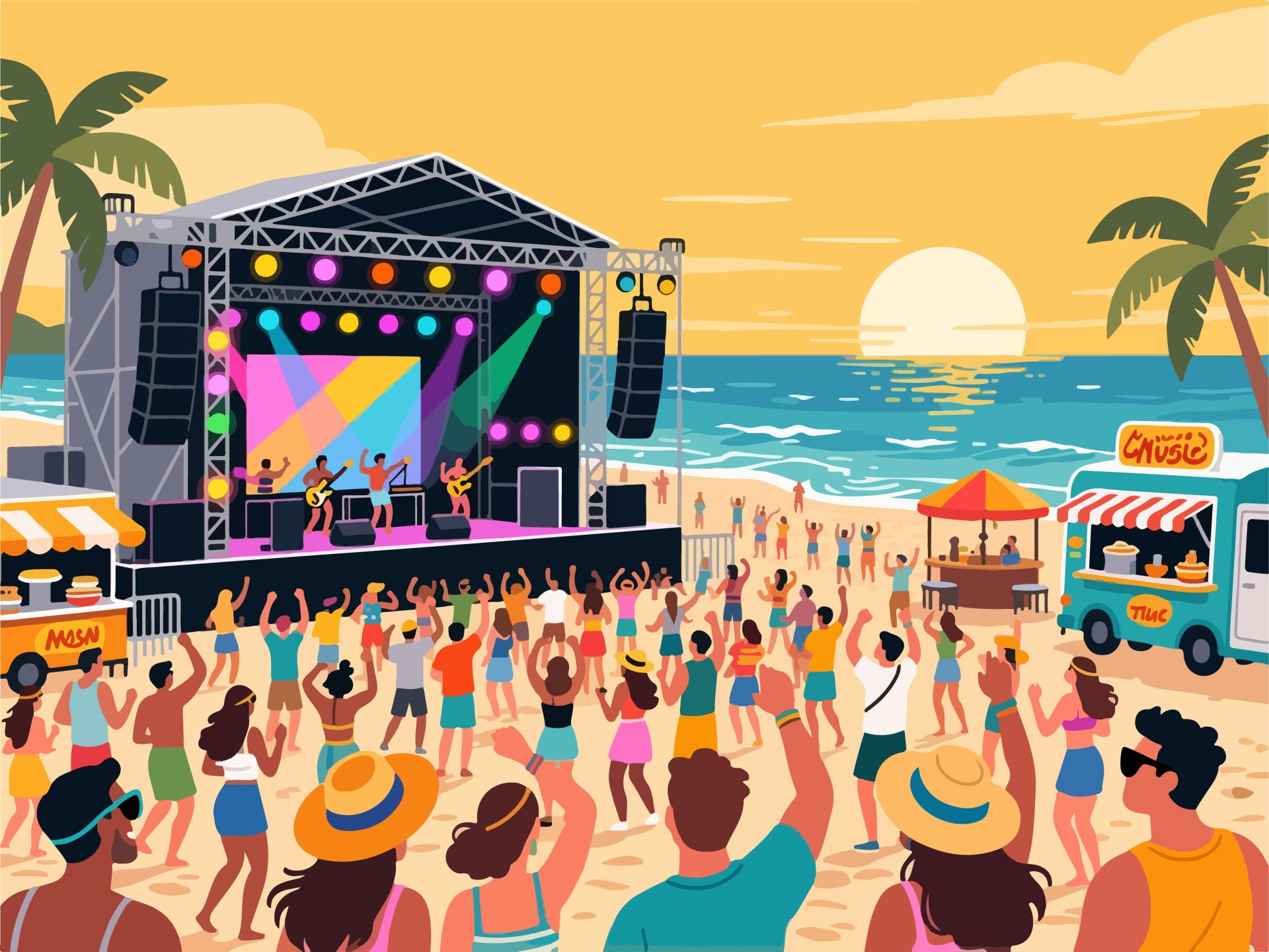 Beach Music Festival with Dance & Food Trucks - 2D Vector