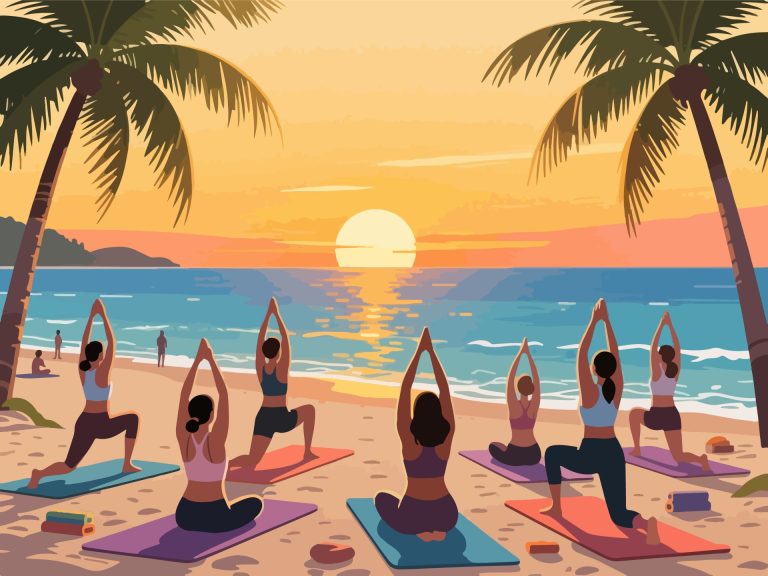 Sunset Yoga Session at the Beach - 2D Vector Illustration