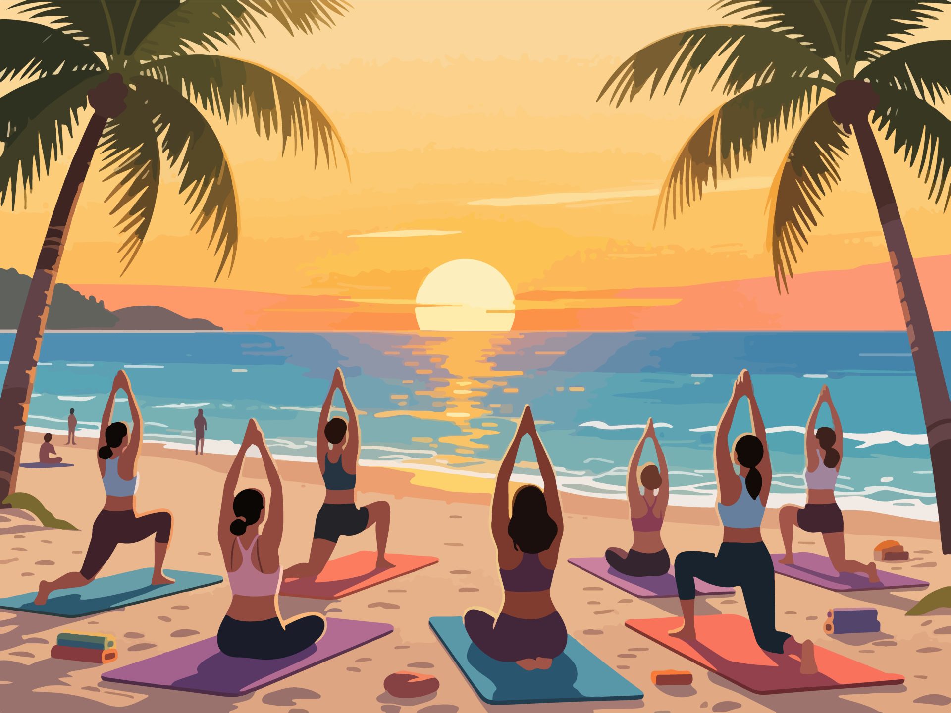 Sunset Yoga Session at the Beach - 2D Vector Illustration
