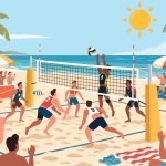 Beach Volleyball Tournament with Ocean Views - 2D Vector