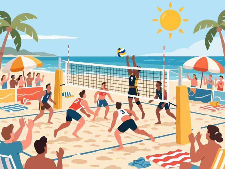 Beach Volleyball Tournament with Ocean Views - 2D Vector