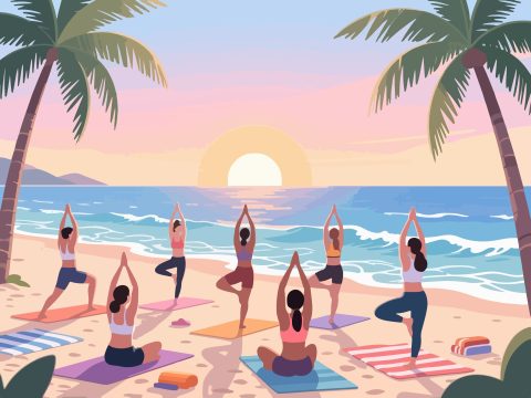 Beach Yoga at Sunrise - 2D Vector Illustration