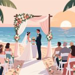 Beach Wedding with Flower Arch and Ocean Views - 2D Vector