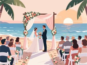 Beach Wedding with Flower Arch and Ocean Views - 2D Vector