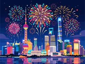 Shanghai Fireworks - China National Day 2D Vector