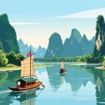 Scenic Li River with Traditional Junks - 2D Vector