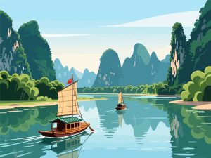 Scenic Li River with Traditional Junks - 2D Vector