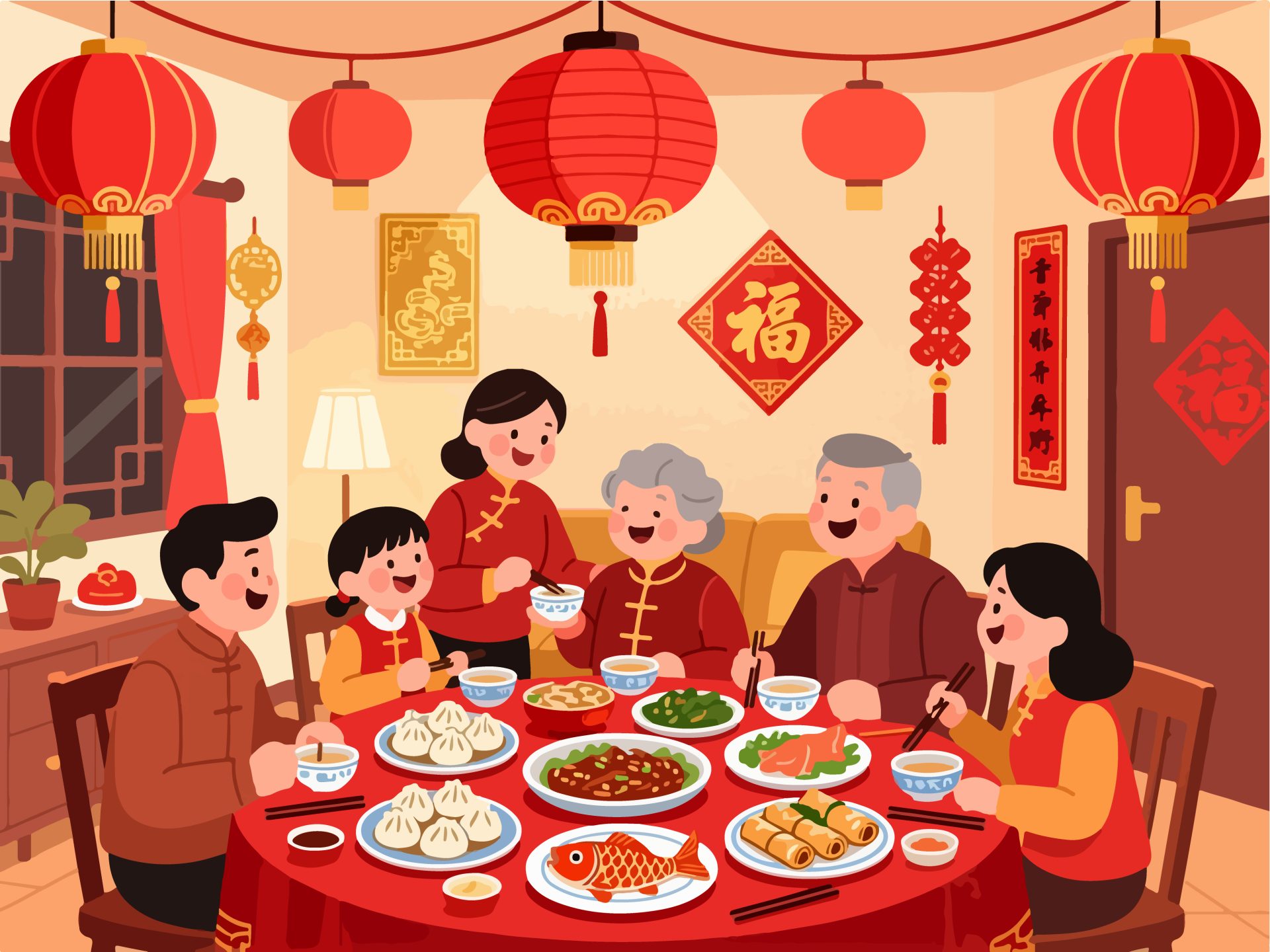Chinese New Year Family Dinner - 2D Vector Design