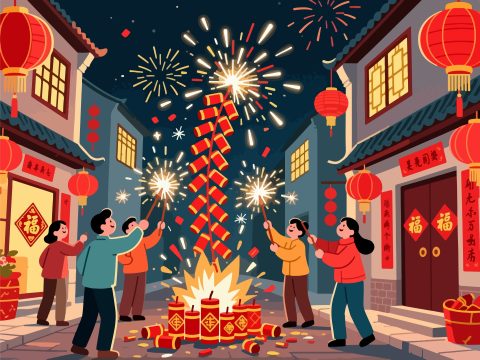 Chinese New Year Firecracker Display with Lanterns