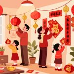 Family Decorating for Chinese New Year - 2D Vector Art