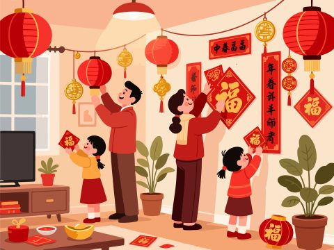 Family Decorating for Chinese New Year - 2D Vector Art