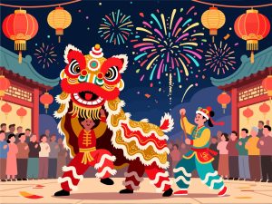 Traditional Lion Dance Performance - 2D Vector Art