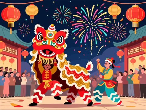 Traditional Lion Dance Performance - 2D Vector Art