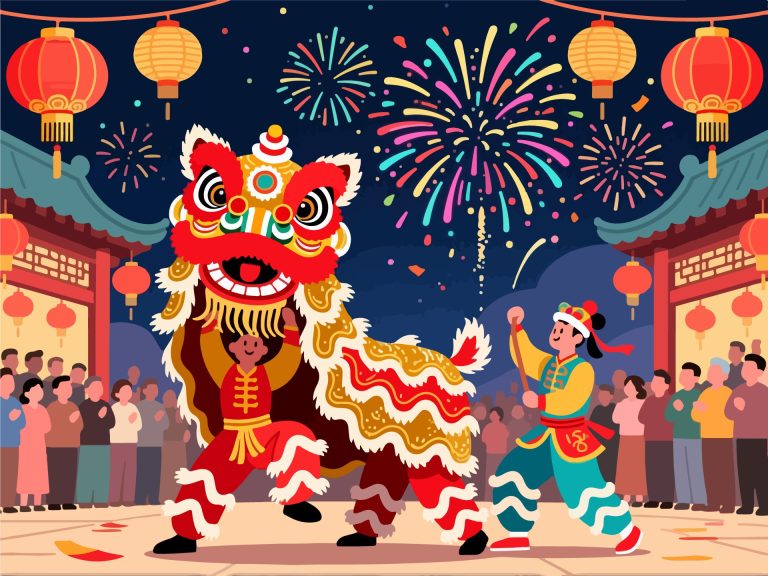 Traditional Lion Dance Performance - 2D Vector Art