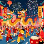 Chinese New Year Parade - 2D Vector Art with Fireworks