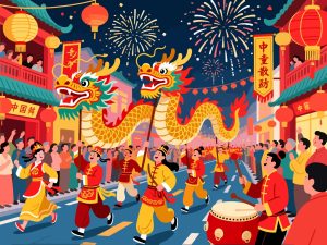 Chinese New Year Parade - 2D Vector Art with Fireworks