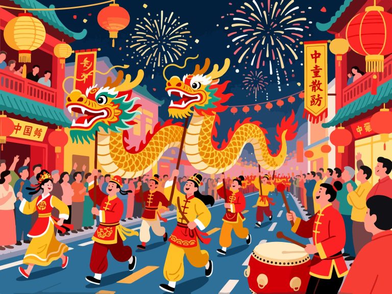 Chinese New Year Parade - 2D Vector Art with Fireworks