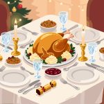 Christmas Dinner Table with Turkey & Holiday Feast - Vector