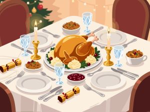 Christmas Dinner Table with Turkey & Holiday Feast - Vector