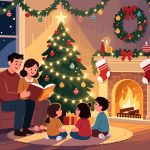 Family Around Christmas Tree on Christmas Eve - Vector