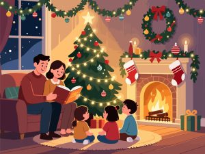 Family Around Christmas Tree on Christmas Eve - Vector