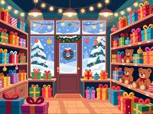 Christmas Gift Shop with Wrapped Presents - Vector Art