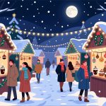 Christmas Market at Night - Flat Vector Illustration