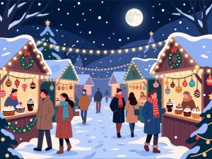 Christmas Market at Night - Flat Vector Illustration