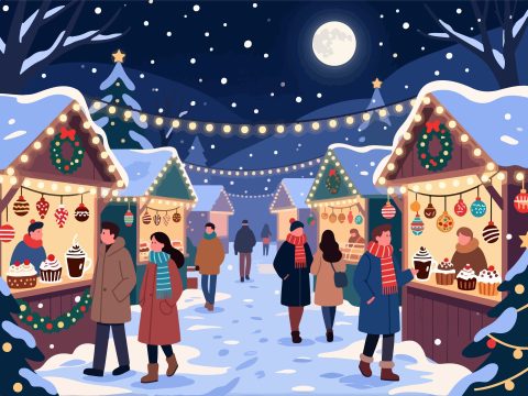 Christmas Market at Night - Flat Vector Illustration